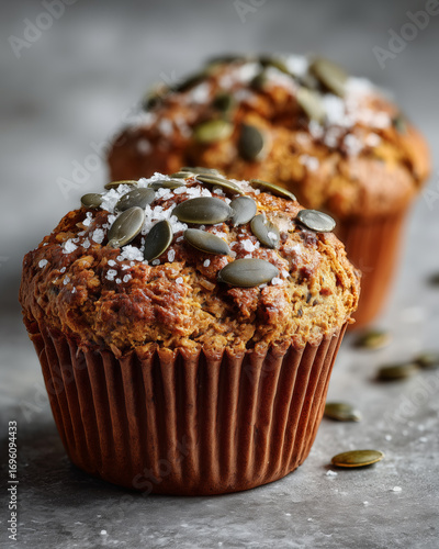Delicious pumpkin muffins topped with seeds served elegantly in a cozy setting