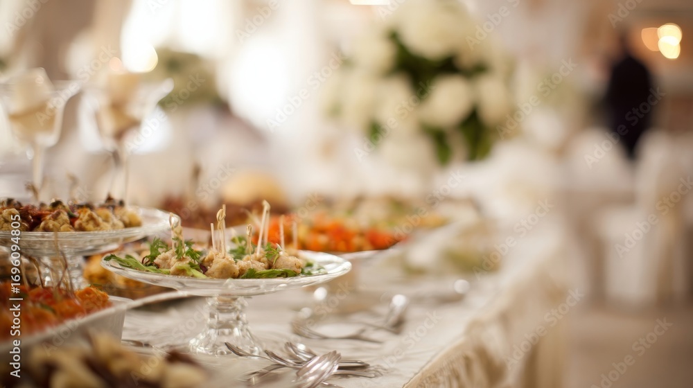 Fototapeta premium Elegant wedding reception with appetizers on a glass pedestal stand, white floral arrangements, warm ambient lighting,