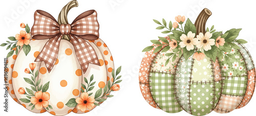 Cute Autumn Pumpkins with a Plaid Bow and Patchwork