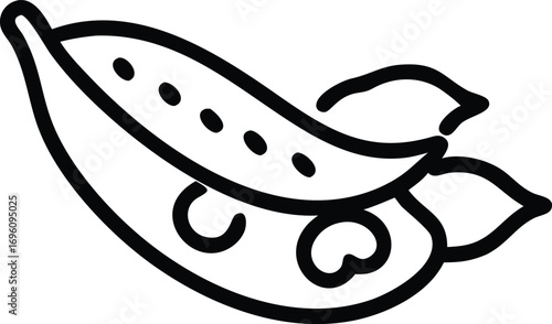Top view icon with pea pod sliced open, spinach behind, coriander leaves layered, line art..