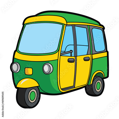3d render, highly detailed, photorealistic, vector art, dynamic lighting, bright colors, illustration of a cartoon tuk-tuk, three-wheeled motorized vehicle, vibrant green and yellow, modern design, cl