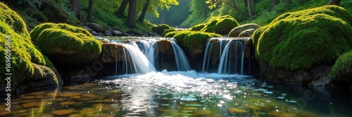 Serene spring water cascades down mossy rocks, creating a tranquil and picturesque scene Sunlight filters through the lush greenery, highlighting the sparkling water's movement , foliage, stream