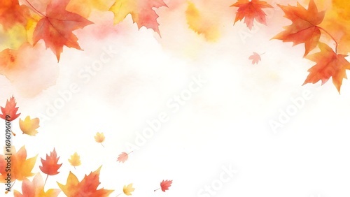 Autumn maple leaves watercolor painting, falling and scattered, with a soft gradient background, isolated on white background