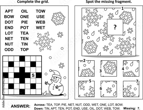 Christmas, New Year activity page with two puzzles. Fill-in crossword puzzle or word game. Spot the missing fragment of snowflakes patten. Black and white. Answers included.
