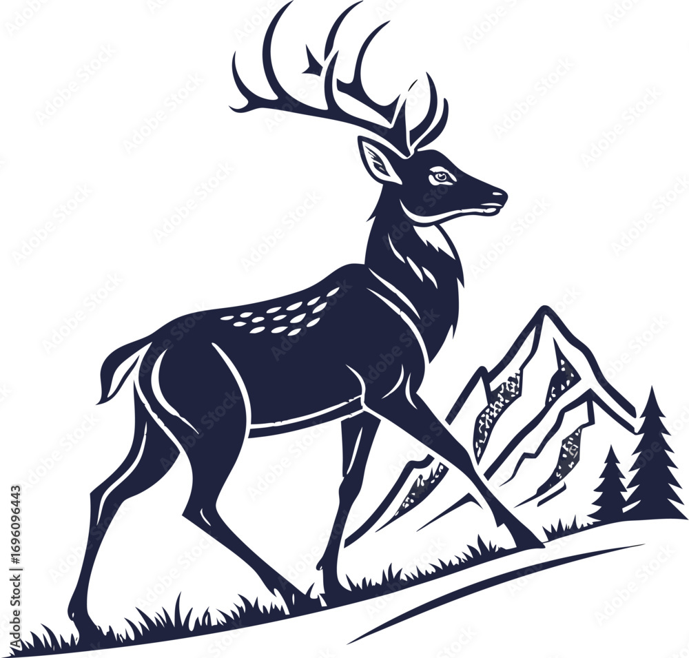 Fototapeta premium flat vector of deer silhouette with mountain elements minimal design
