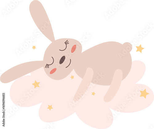 Cute sleeping bunny on a cloud in cartoon style. Sweet dreams children's design. Vector illustration.