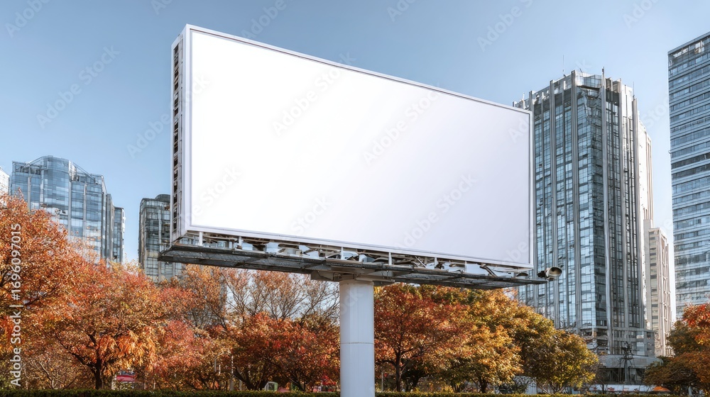 Fototapeta premium Empty Billboard in Urban Park Surrounded by Colorful Trees and Modern Skyscrapers in Bright Daylight