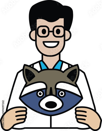 A cartoon man is holding a raccoon in his arms
