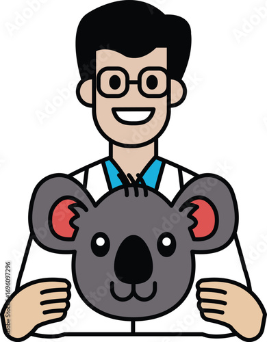 A cartoon man is holding a koala in his arms