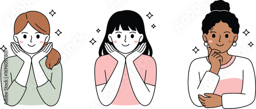 Diverse young women admiring their glowing skin after skincare routine, feeling confident and beautiful illustration