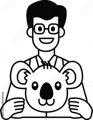 A cartoon man is holding a koala in his arms