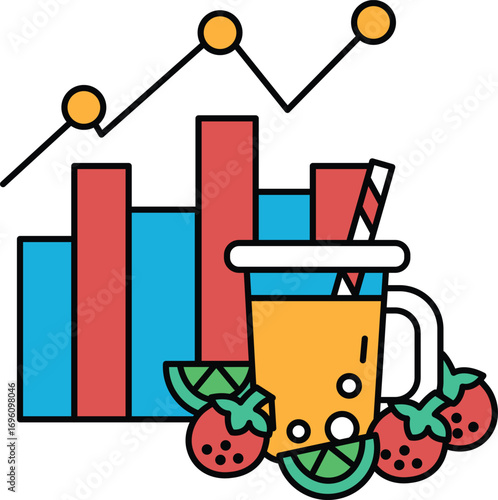 A black and white drawing of a cup of juice with a straw