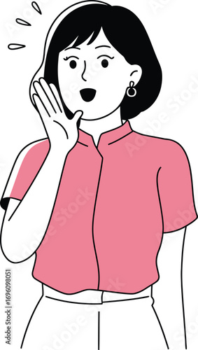 Excited woman shouting with hand near mouth illustration, announcing big news or sharing secrets for viral marketing