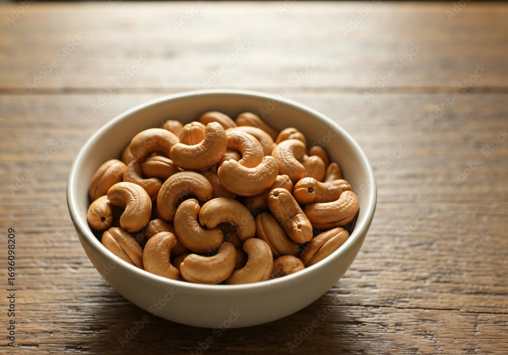 Fototapeta premium Cashews in bowl on rustic wood table 