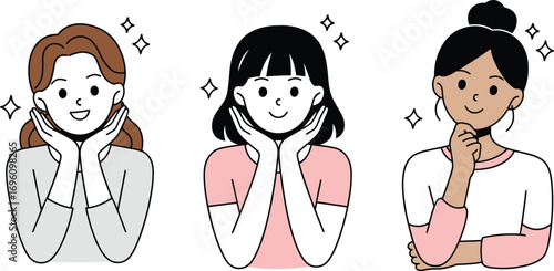 Three diverse young women showcasing skincare routines and self love with a radiant, healthy glow, smiling and happy