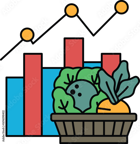 A graph with three lines and a basket of vegetables