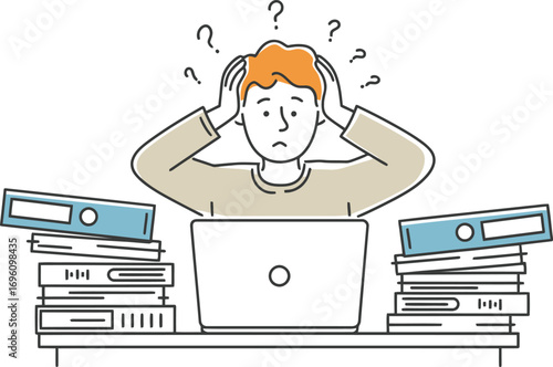 Stressed worker overwhelmed with paperwork and laptop, struggling with deadlines and project management tasks