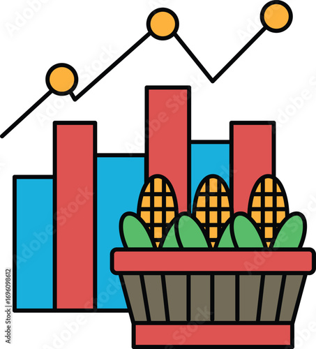 A graph with three lines and three circles is shown above a basket of corn