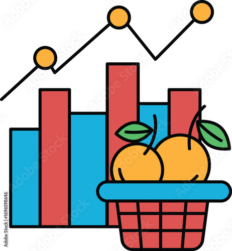 A graph with three lines and a basket of fruit