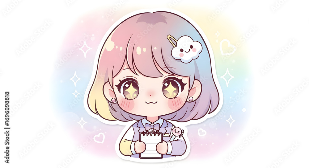 Obraz premium Adorable Pastel Rainbow Hair Chibi Girl Illustration