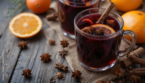 Christmas mulled red wine with spices and citrus fruits, traditional festive hot drink served on rustic wooden table close-up holiday warmth