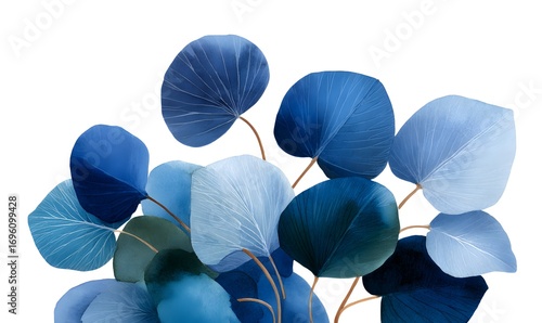 watercolor illustration of round tropical leaves, flat botanical composition, clear white veins on leaves, layered overlapping leaves