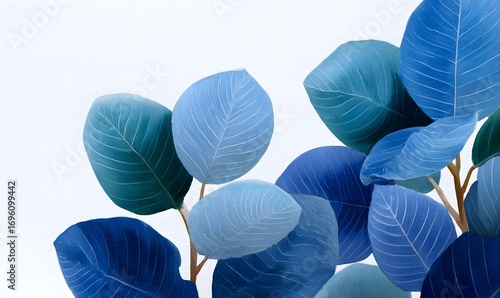 watercolor illustration of round tropical leaves, flat botanical composition, clear white veins on leaves, layered overlapping leaves