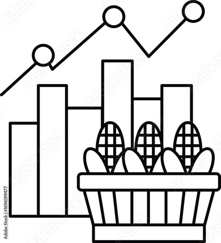 A graph with three lines and three circles is shown above a basket of corn