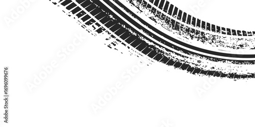 Auto tire tread grunge element. Car and motorcycle tire pattern, wheel tyre tread track. Black tyre print. Vector illustration isolated on white background.