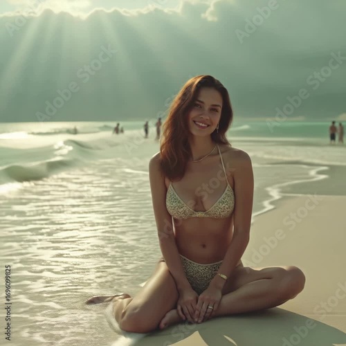 Gorgeous fit woman in bikini at beach