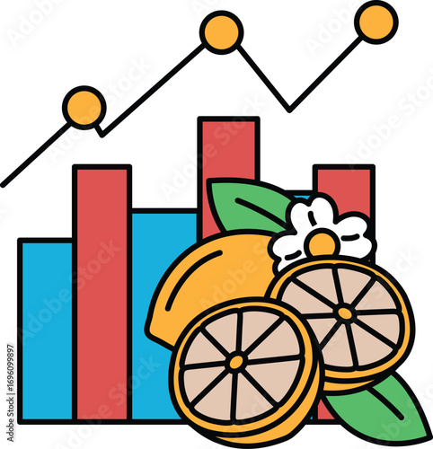 A black and white drawing of a graph with three lines and a bunch of oranges
