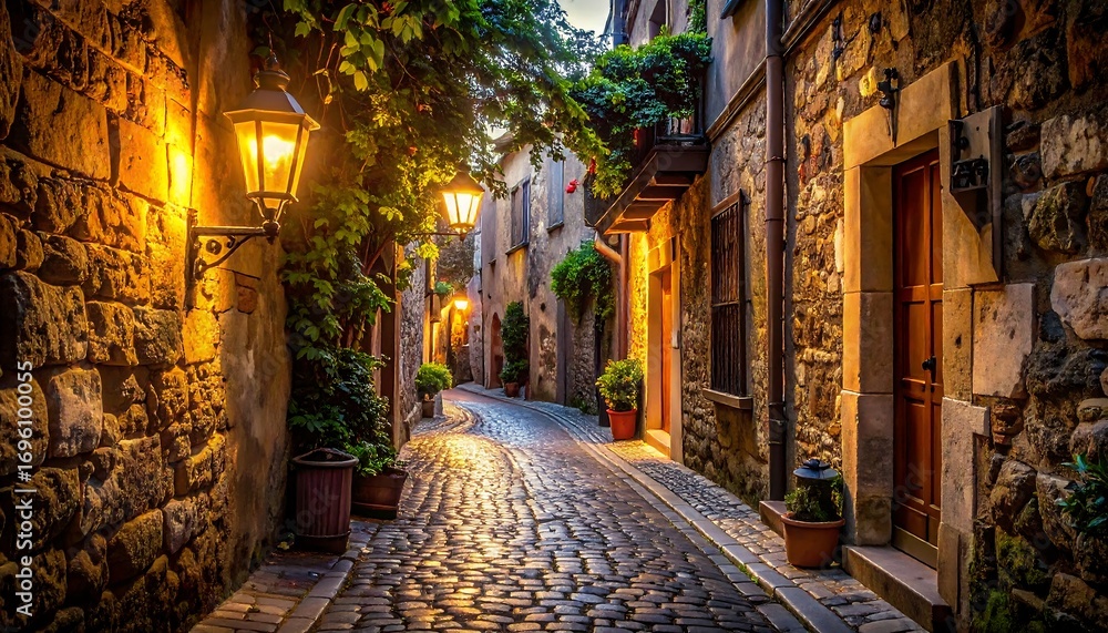 Fototapeta premium Enchanting old European village street at night with glowing lanterns casting a warm light on the ancient cobblestone path