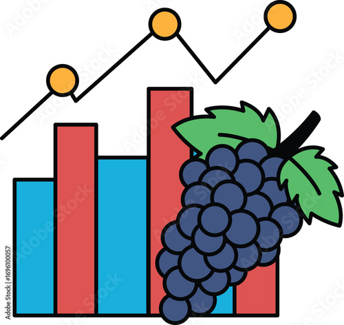 A black and white drawing of a bunch of grapes and a graph