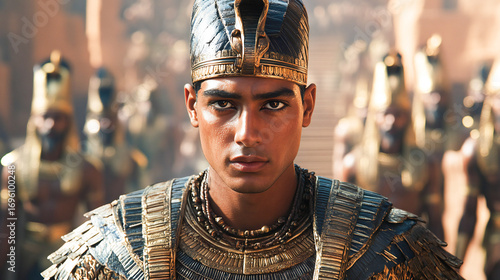 Portrait of an egyptian pharaoh in royal attire and his entourage in the background