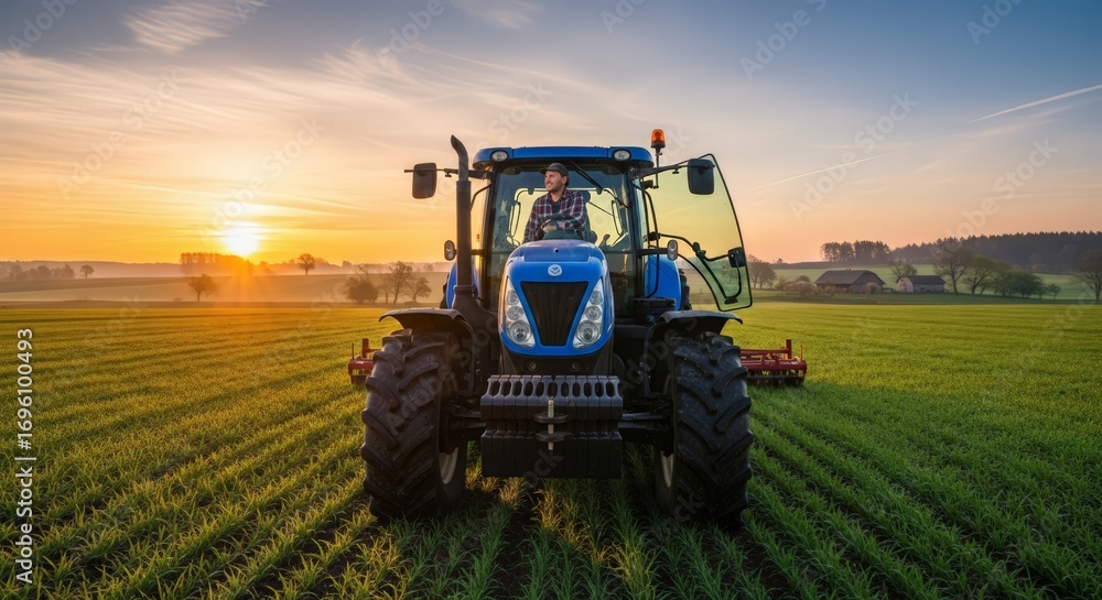 Fototapeta premium Farmer driving modern blue tractor through lush green field at sunrise, cultivating land