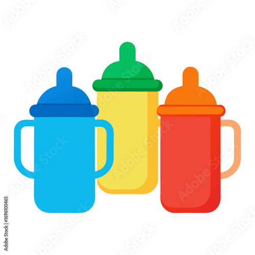Colorful baby sippy cups with handles and lids drink bottle vector on white background.
