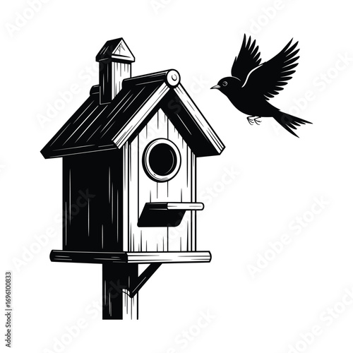 Detailed Vector Illustration of a Birdhouse with Bird in Flight Black and White Style
