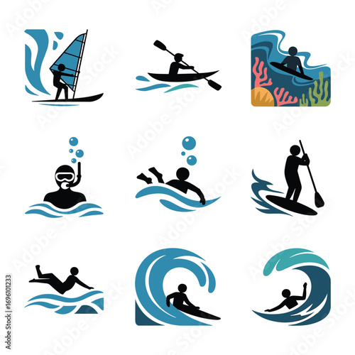 Water Sports Vector Icon Set - Aquatic Activities and Recreation Graphics