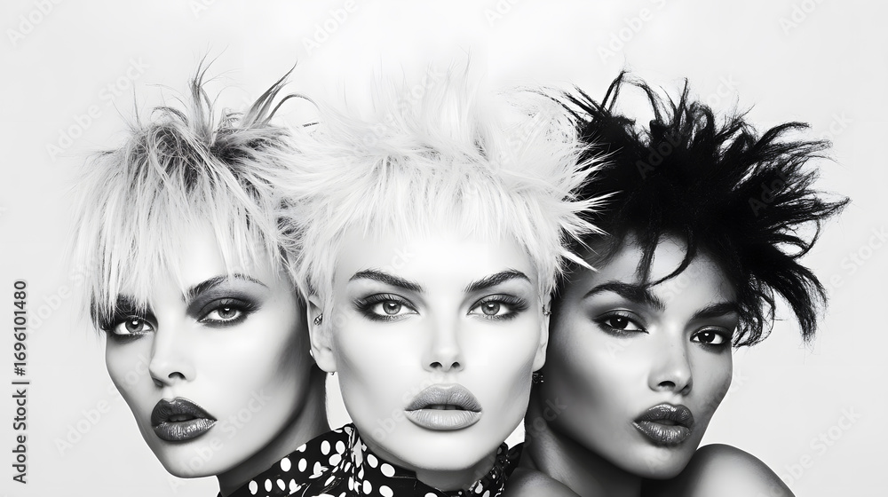 Obraz premium Portrait of glam rock band with wild hairstyles, leather outfits, and bold makeup in 1980s style. Retro music fashion, vintage rock culture.