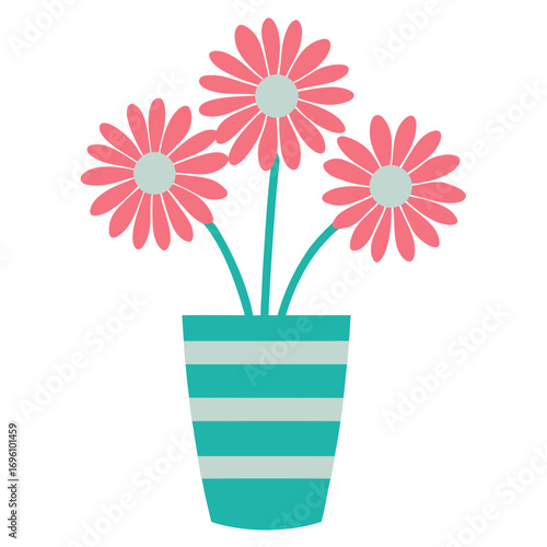 Pink daisy flowers in a teal striped vase daisies vector on white background.