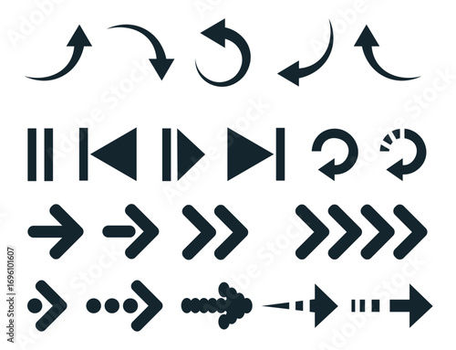 Black Arrow Icons Collection Including Navigation and Media Control Symbols