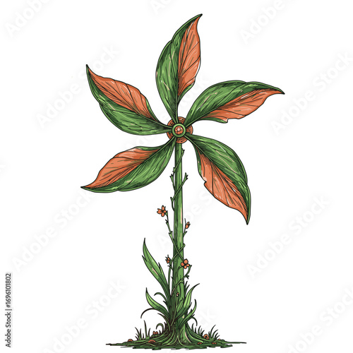 Colorful pinwheel plant with green stem and orange leaves  