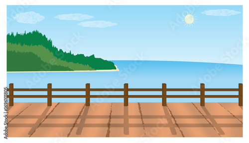 Wooden Deck with Railing Overlooking Ocean and Forest Coastline Under Sunny Sky