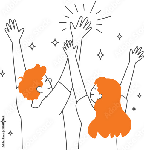 Celebrate business success with team high five and shining stars for achievement and collaboration