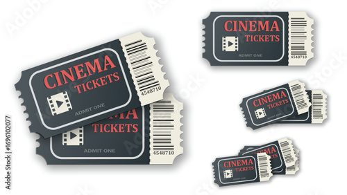 Vintage Style Cinema Tickets with Barcode and Film Icons Isolated on White