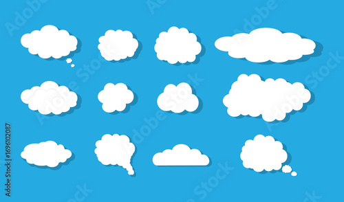 White Cloud Shapes and Thought Bubbles Collection on Blue Background