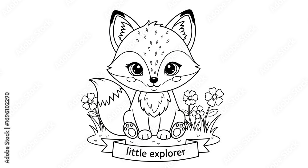 Fototapeta premium Cute Baby Fox Sitting in Flowers Coloring Page.