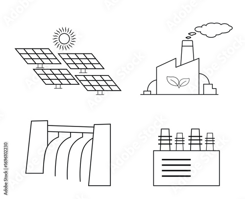 Energy Production and Power Plant Line Icons Including Solar Hydro and Thermal Stations