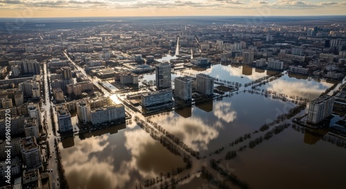 Urban landscape during a deluge showing submerged city reflecting the sky's expanse