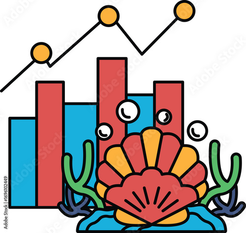 A black and white drawing of a shell and some buildings